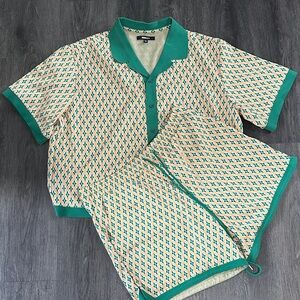 Fashion Nova Geometric Green and Tan Shirt